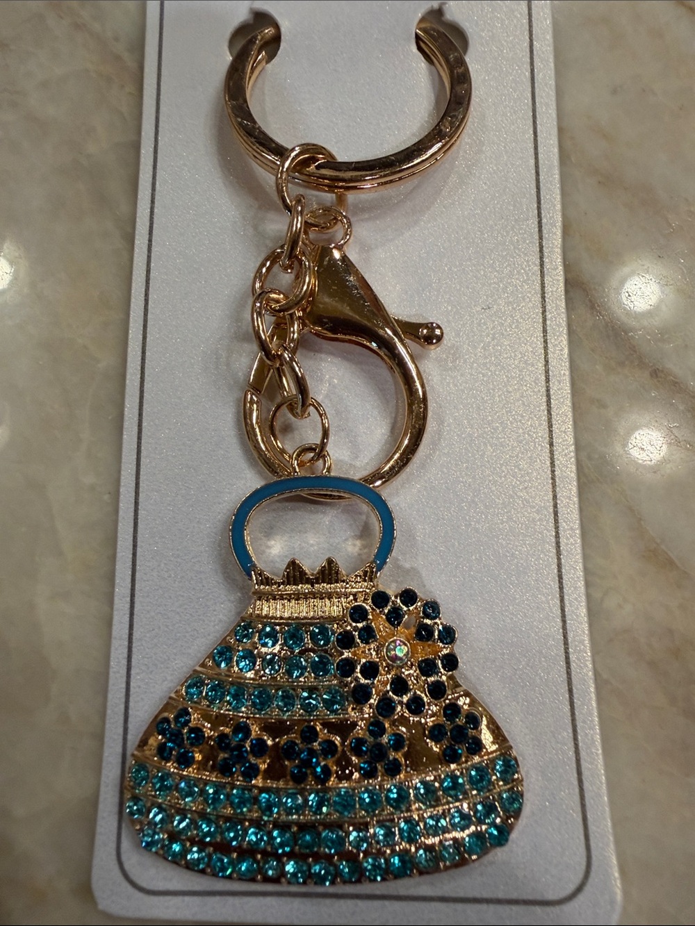 Fashion Jewelry Gold-Tone bag charm or Keychain with Blue and Teal Crystals